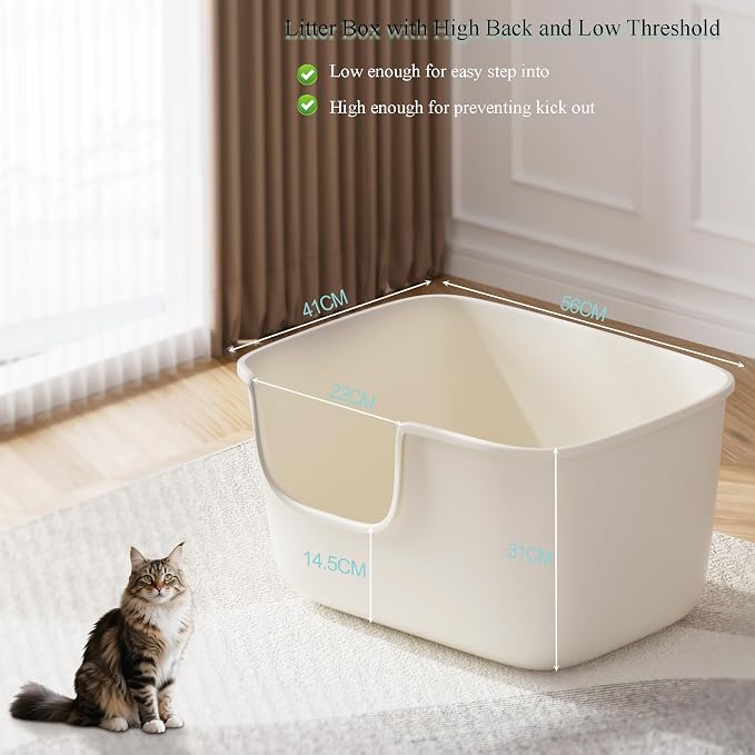 High Wall Cat Litter Tray Anti-Splashing Kitty Litter Box (56L x 41W x 31H Cm). Light Beige Color.