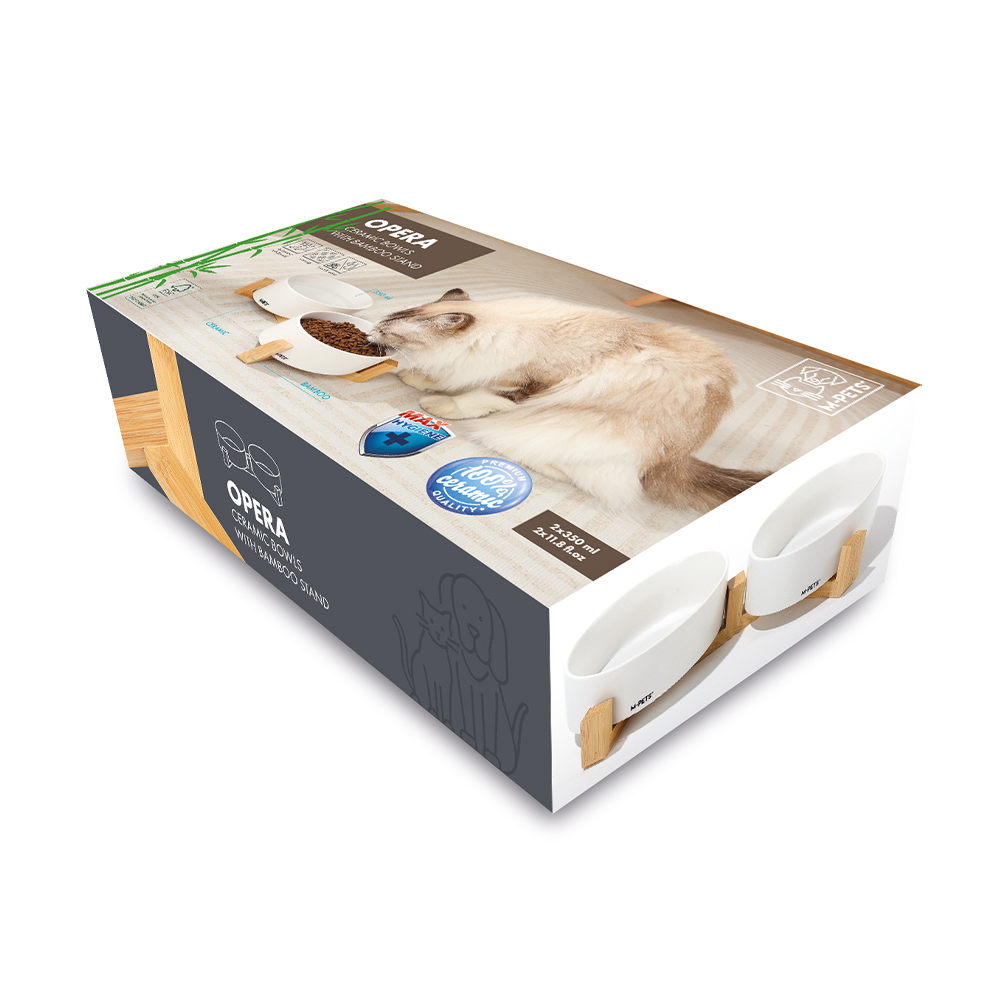 M-PETS OPERA Ceramic Bowls with Bamboo Stand White