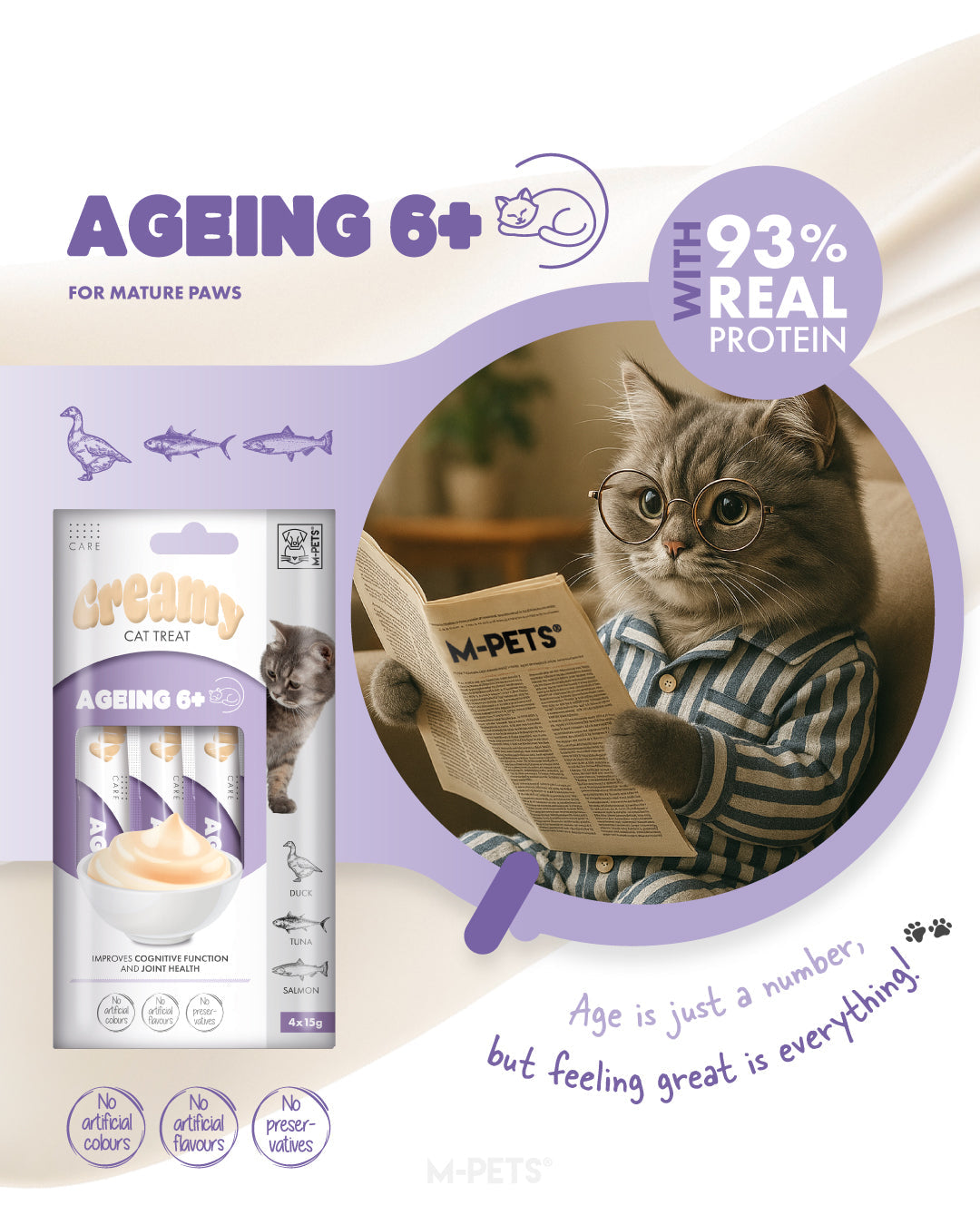 M-PETS Creamy with Functions – Cat treat – Ageing 6+ – Duck & Tuna & Salmon 4x15g (60g)