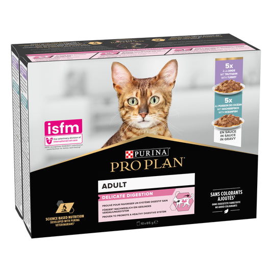 Purina Pro Plan Delicate Digestion Wet Cat Food, Turkey and Ocean Fish, mix-flavor pack, 10 x 85g