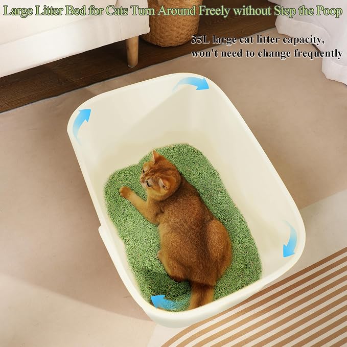 High Wall Cat Litter Tray Anti-Splashing Kitty Litter Box (56L x 41W x 31H Cm). Light Beige Color.