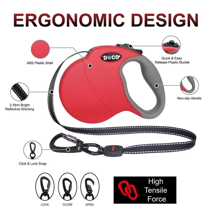 DOCO® All Day Adventure Retractable Leash – Heavy-Duty Reflective Safety Lead (Color: Blue, Size: M, 5m, 16ft)