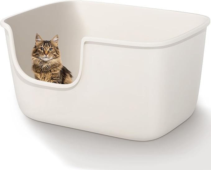 High Wall Cat Litter Tray Anti-Splashing Kitty Litter Box (56L x 41W x 31H Cm). Light Beige Color.