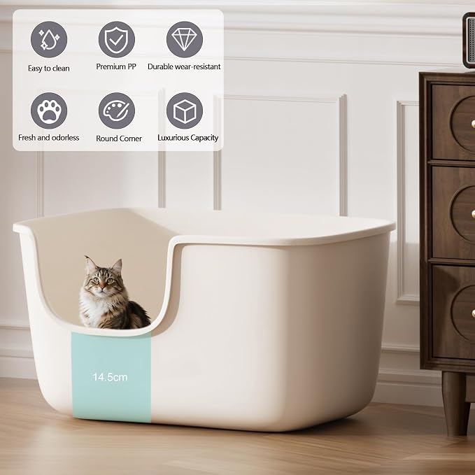 High Wall Cat Litter Tray Anti-Splashing Kitty Litter Box (56L x 41W x 31H Cm). Light Beige Color.