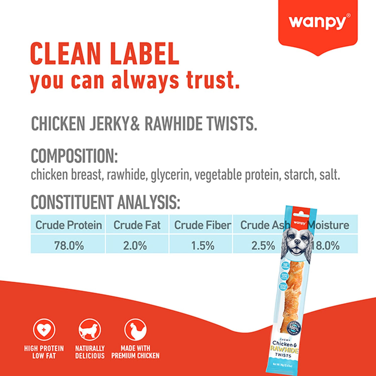 Wanpy Chewy 10" Chicken Jerky & Rawhide Twists 70g