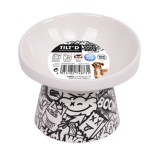 M-PETS Freestyle Tilt’d Raised Ceramic Bowl Black & White