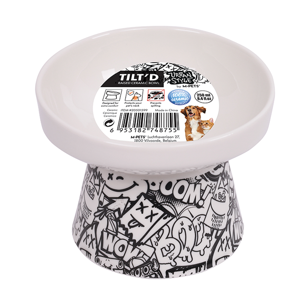 M-PETS Freestyle Tilt’d Raised Ceramic Bowl Black & White
