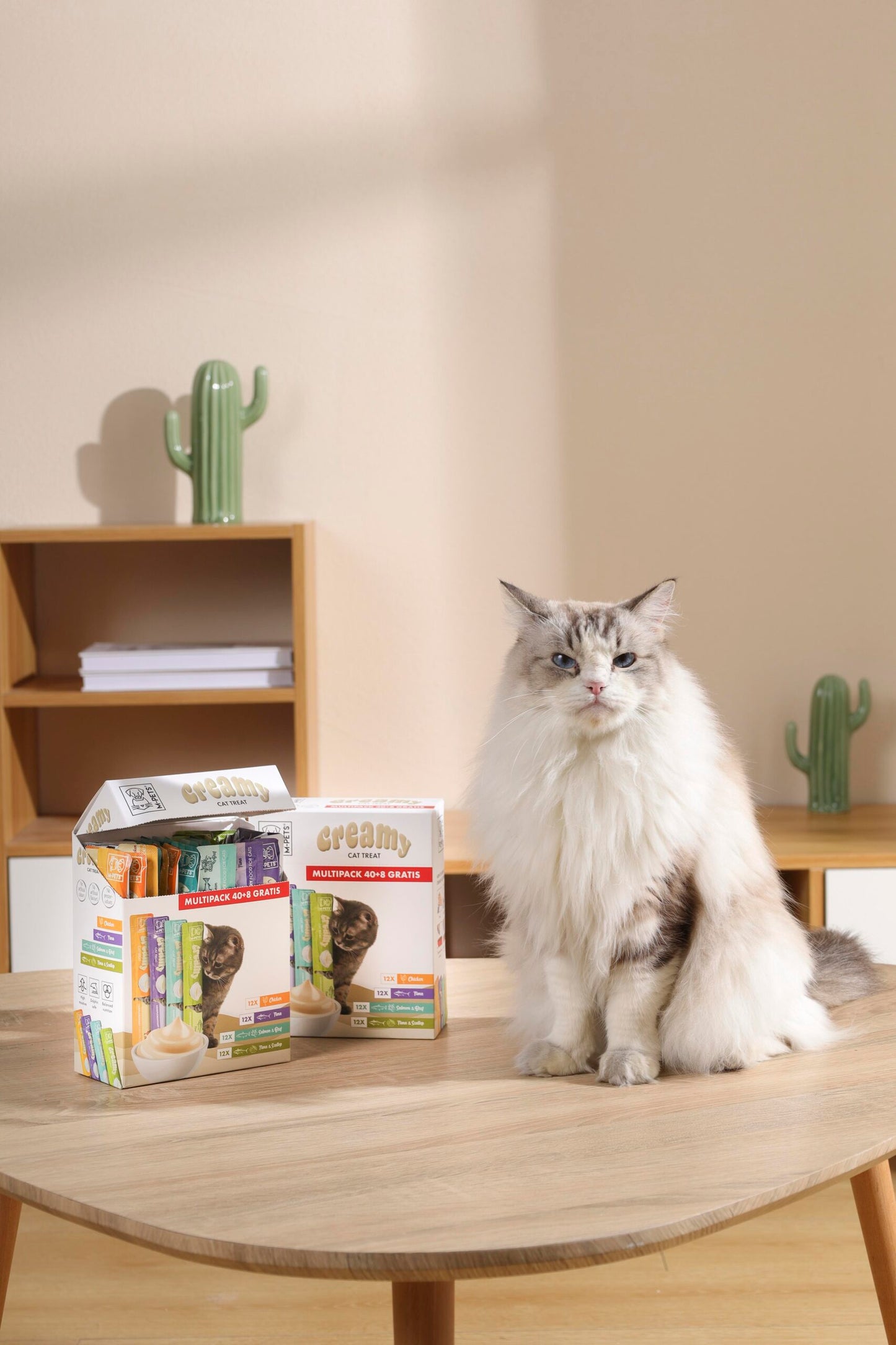M-PETS Creamy Treats for Cats Multipack 40 + 8 Gratis (Chicken x12, Tuna x12, Salmon & Beef x12, Tuna & Scallop x12) – 48x15g (720g)