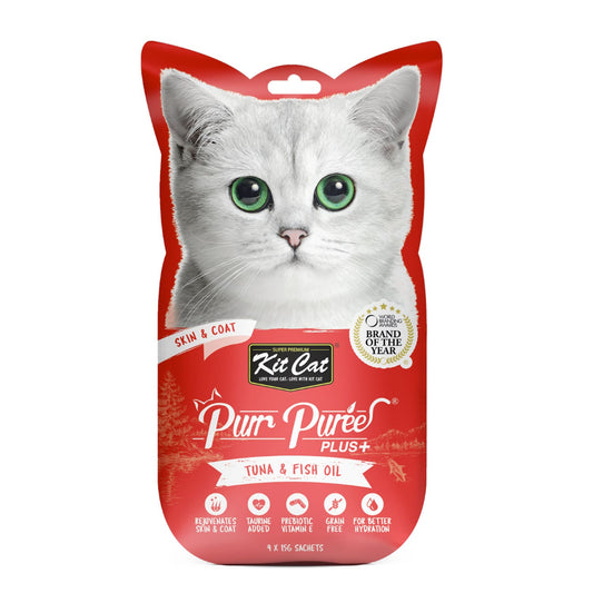 Kit Cat Purr Puree Plus+ Tuna & Fish Oil (Skin & Coat) Cat Treats 4X15G