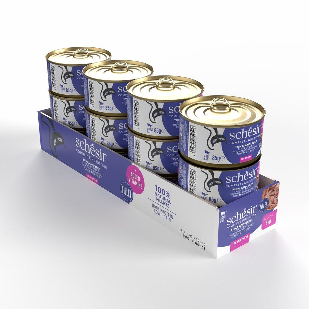 Schesir Complete & Balanced Nutrition Wet Cat Food in Broth Can- Tuna With Beef 85g