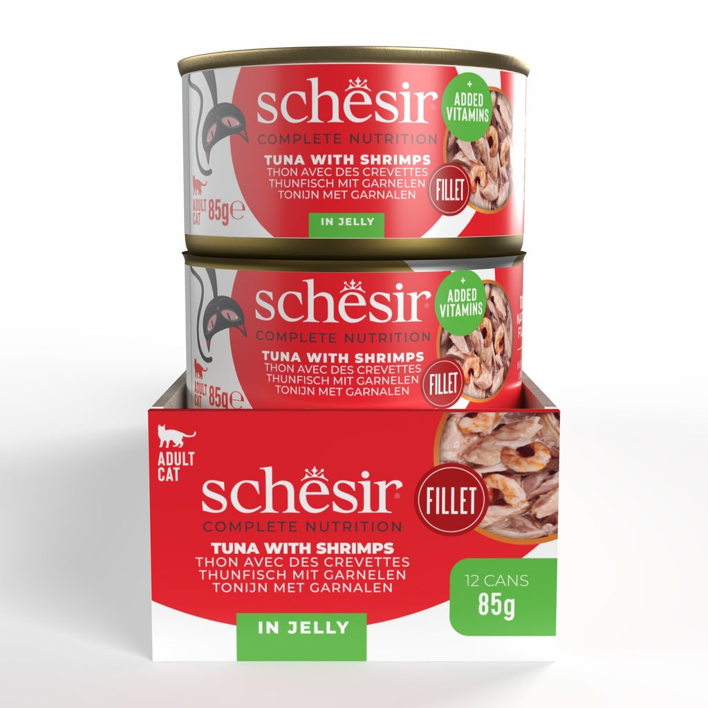 Schesir Complete & Balanced Nutrition Wet Cat Food in Jelly Can- Tuna With Shrimp 85g