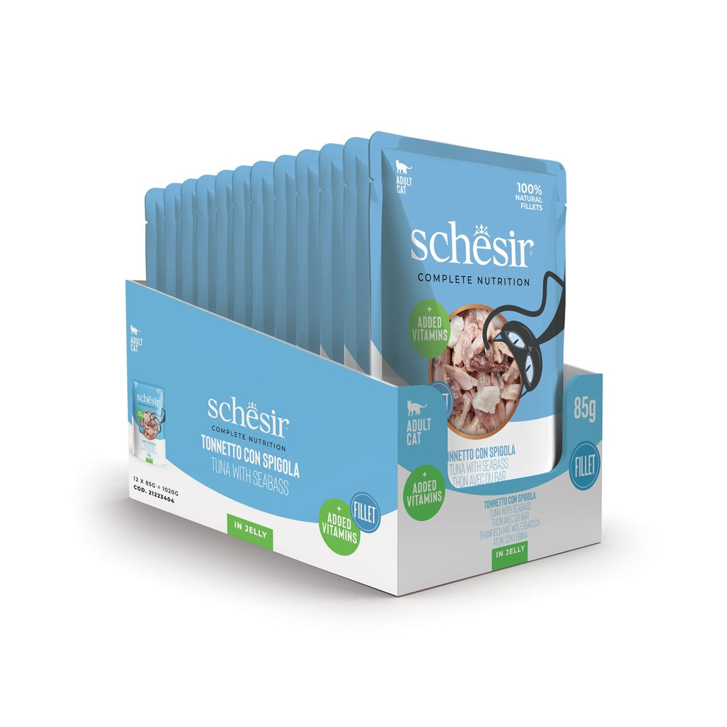 Schesir Complete & Balanced Nutrition Wet Cat Food in Jelly Pouch- Tuna With Seabass 85g