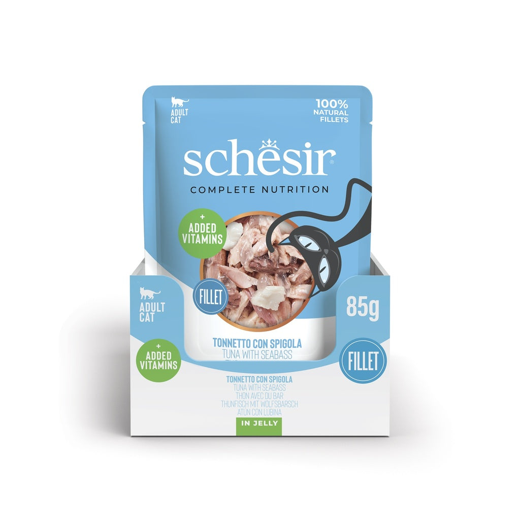 Schesir Complete & Balanced Nutrition Wet Cat Food in Jelly Pouch- Tuna With Seabass 85g