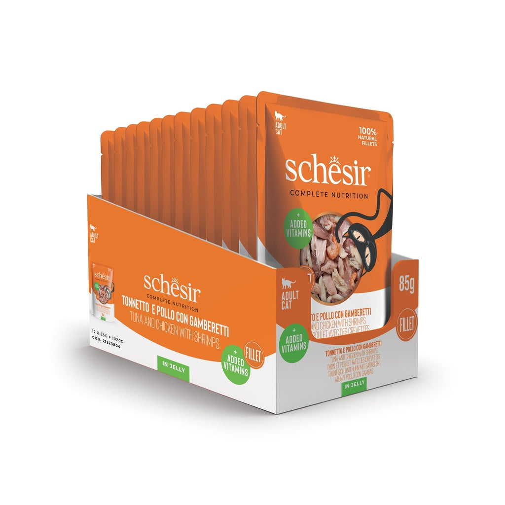 Schesir Complete & Balanced Nutrition Wet Cat Food in Jelly Pouch- Tuna & Chicken With Shrimp 85g