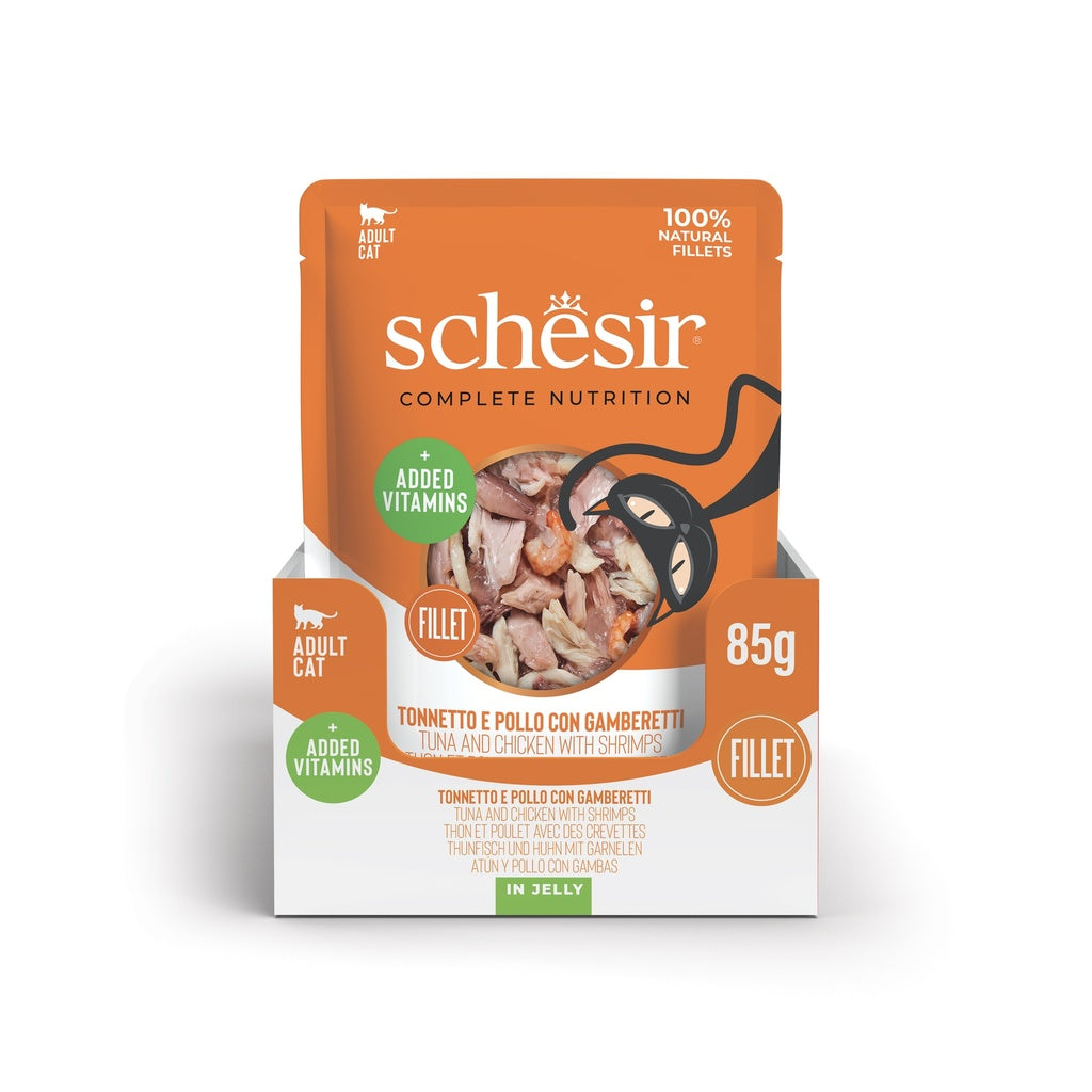 Schesir Complete & Balanced Nutrition Wet Cat Food in Jelly Pouch- Tuna & Chicken With Shrimp 85g