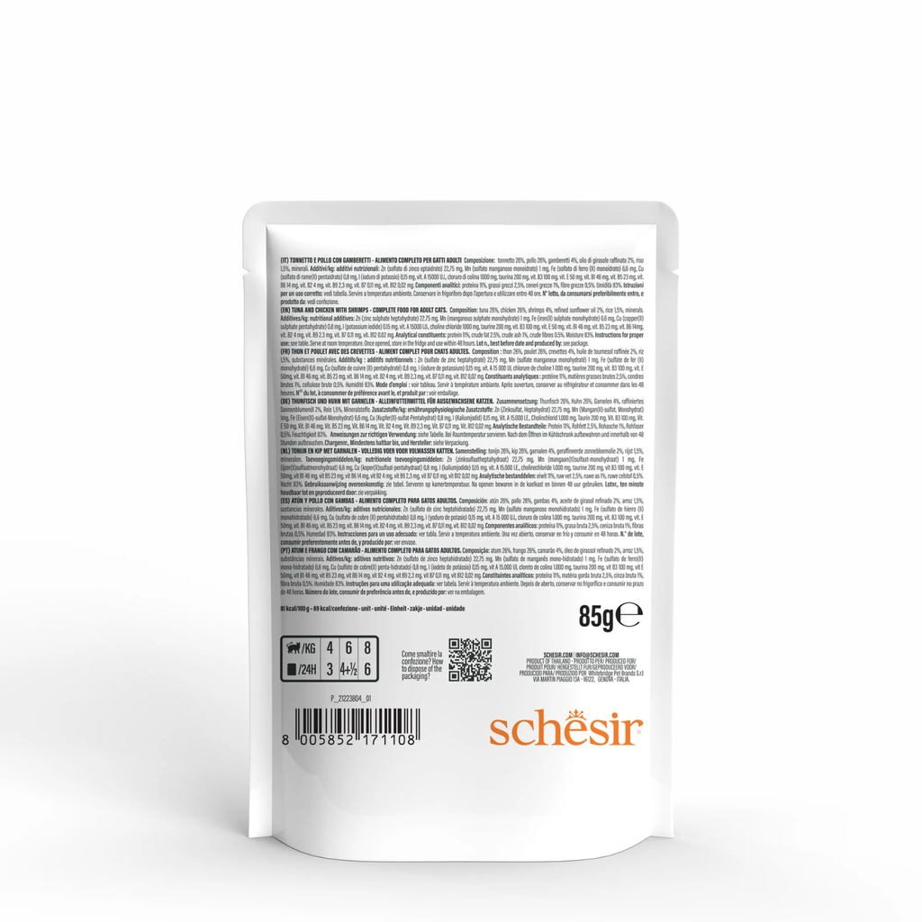 Schesir Complete & Balanced Nutrition Wet Cat Food in Jelly Pouch- Tuna & Chicken With Shrimp 85g