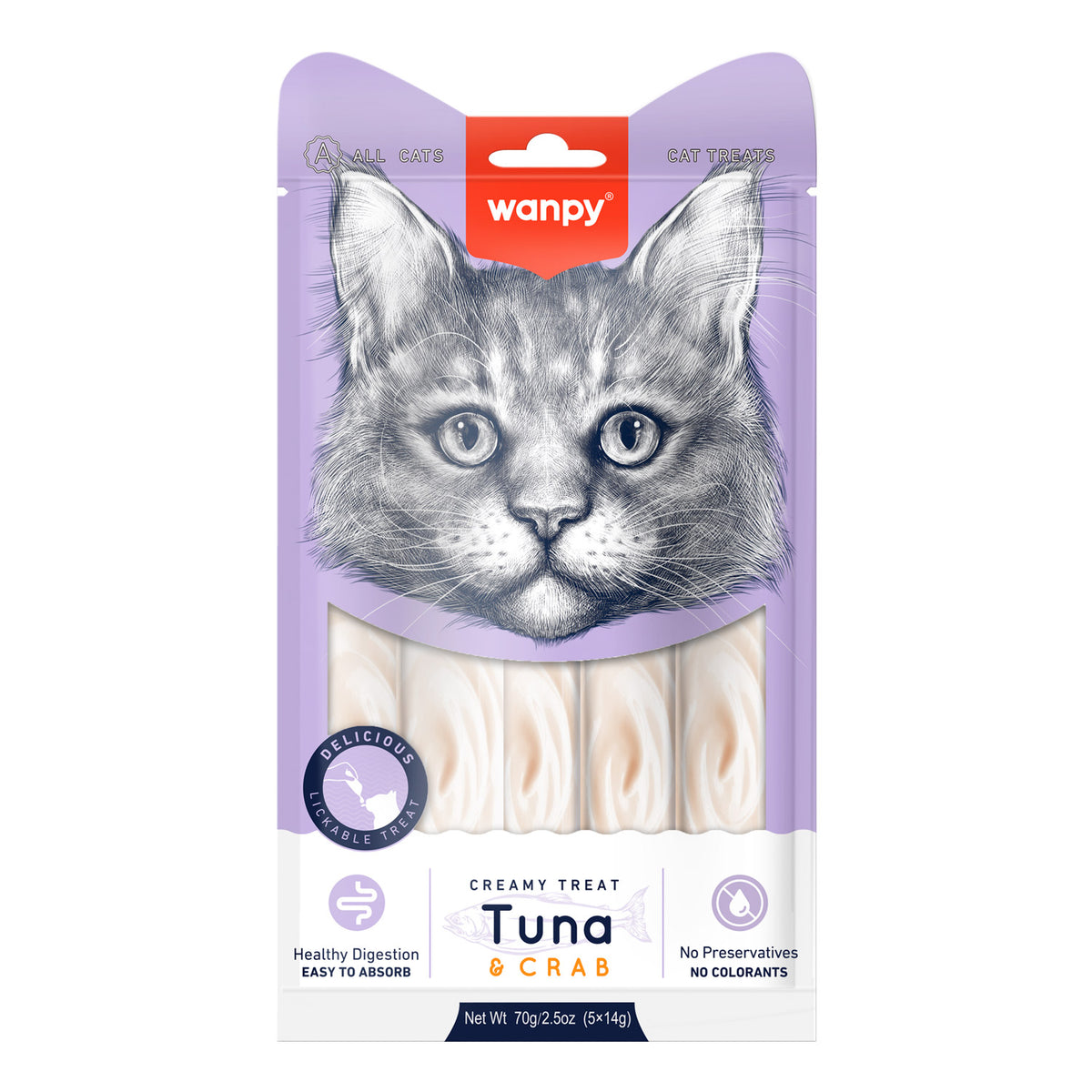 Wanpy Creamy Lickable Cat Treats - Tuna & Crab (14gx5)