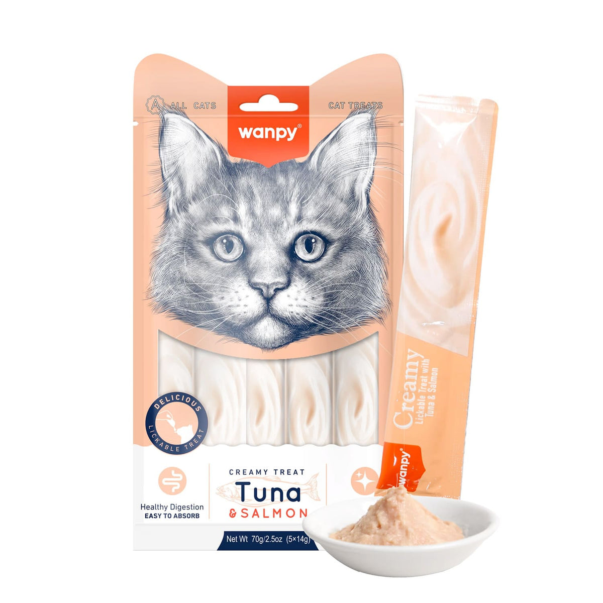 Wanpy Creamy Lickable Cat Treats - Tuna & Salmon (14gx5)