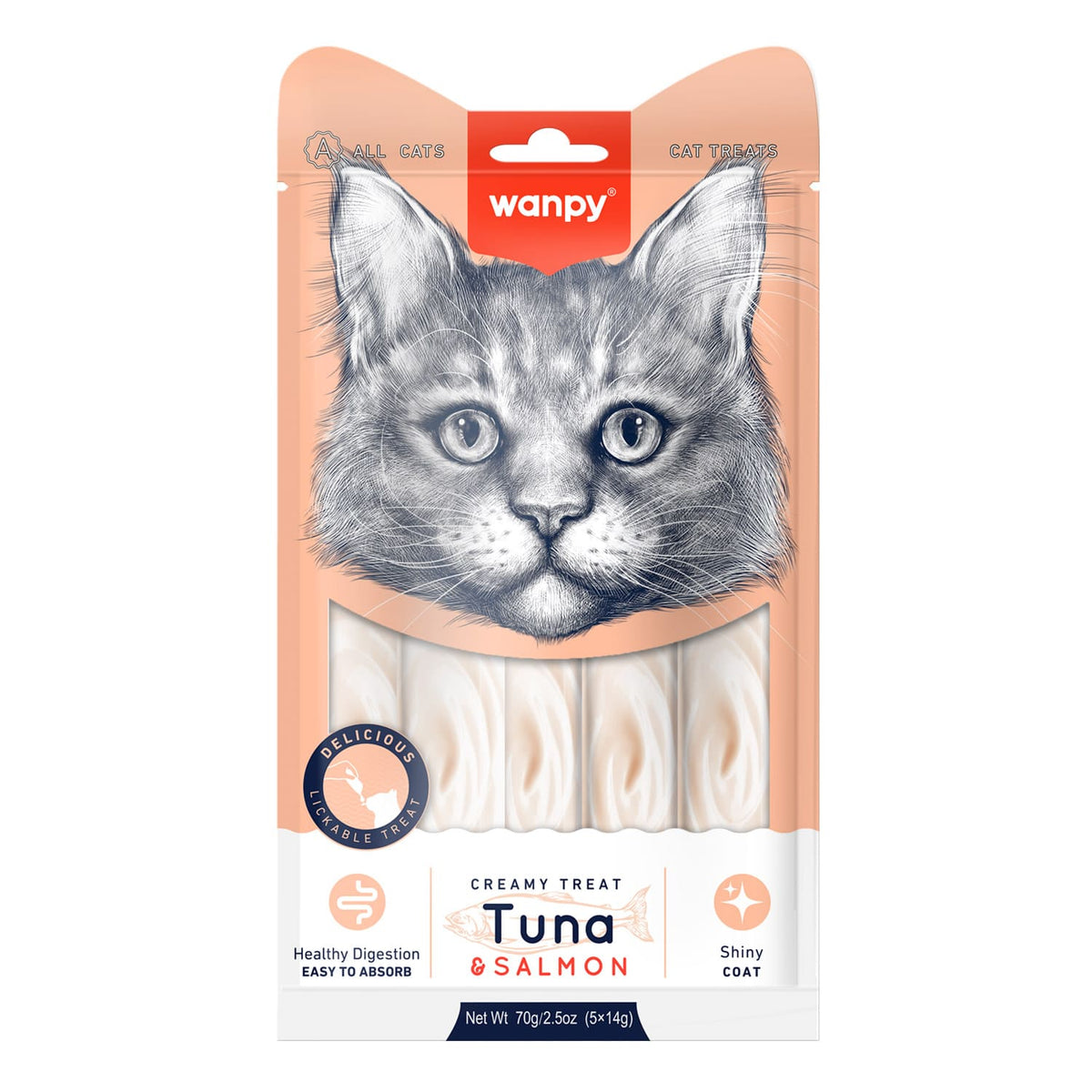 Wanpy Creamy Lickable Cat Treats - Tuna & Salmon (14gx5)
