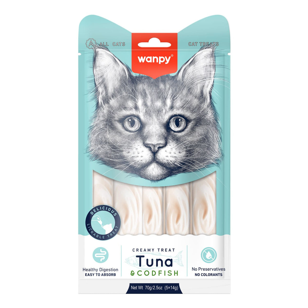 Wanpy Creamy Lickable Cat Treats - Tuna & Codfish (14gx5)