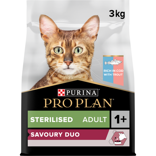 Purina Pro Plan Sterilised Adult Savory Duo Dry Cat Food with Cod and Trout, 3 kg