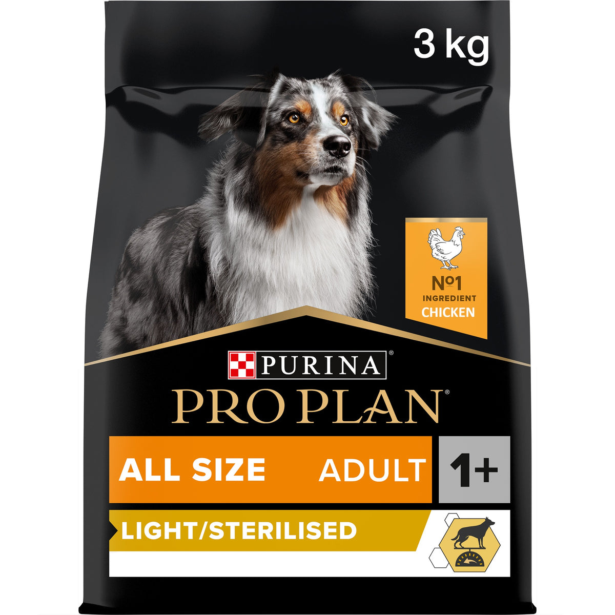 Purina Pro Plan Light Sterilised All Sizes Adult, Dry Dog food with Chicken, 3 kg