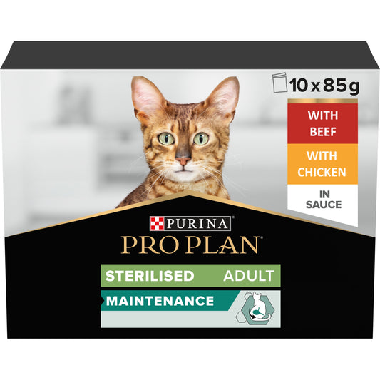 Purina Pro Plan Sterlised Maintenance Wet Cat Food, Chicken and Beef, mix-flavor pack, 10 x 85g