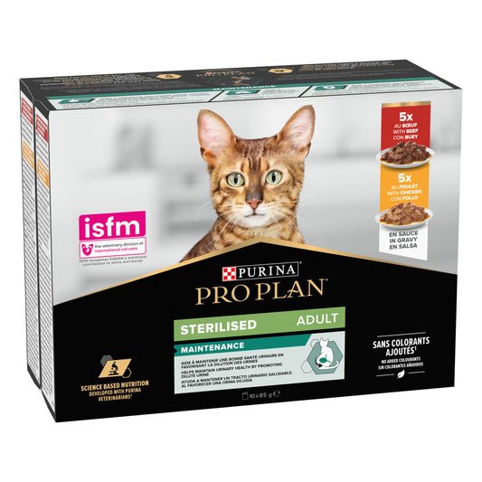 Purina Pro Plan Sterlised Maintenance Wet Cat Food, Chicken and Beef, mix-flavor pack, 10 x 85g