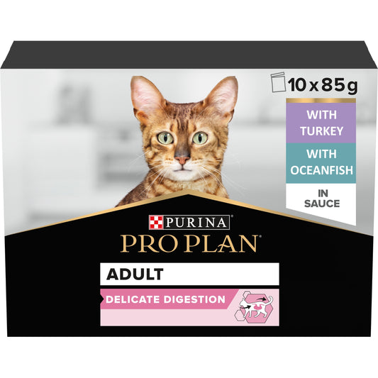 Purina Pro Plan Delicate Digestion Wet Cat Food, Turkey and Ocean Fish, mix-flavor pack, 10 x 85g