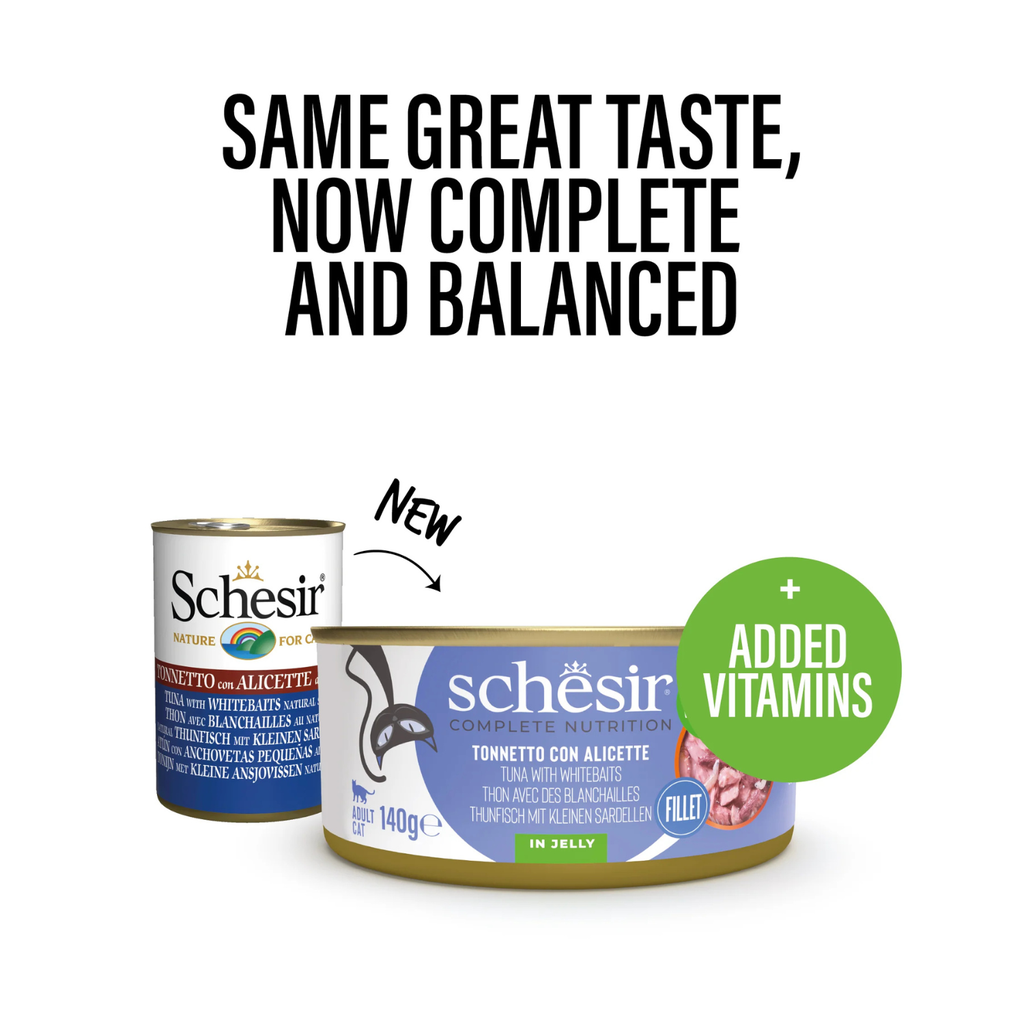 Schesir Complete & Balanced Nutrition Wet Cat Food in Jelly Can- Tuna With Whitebait 140g