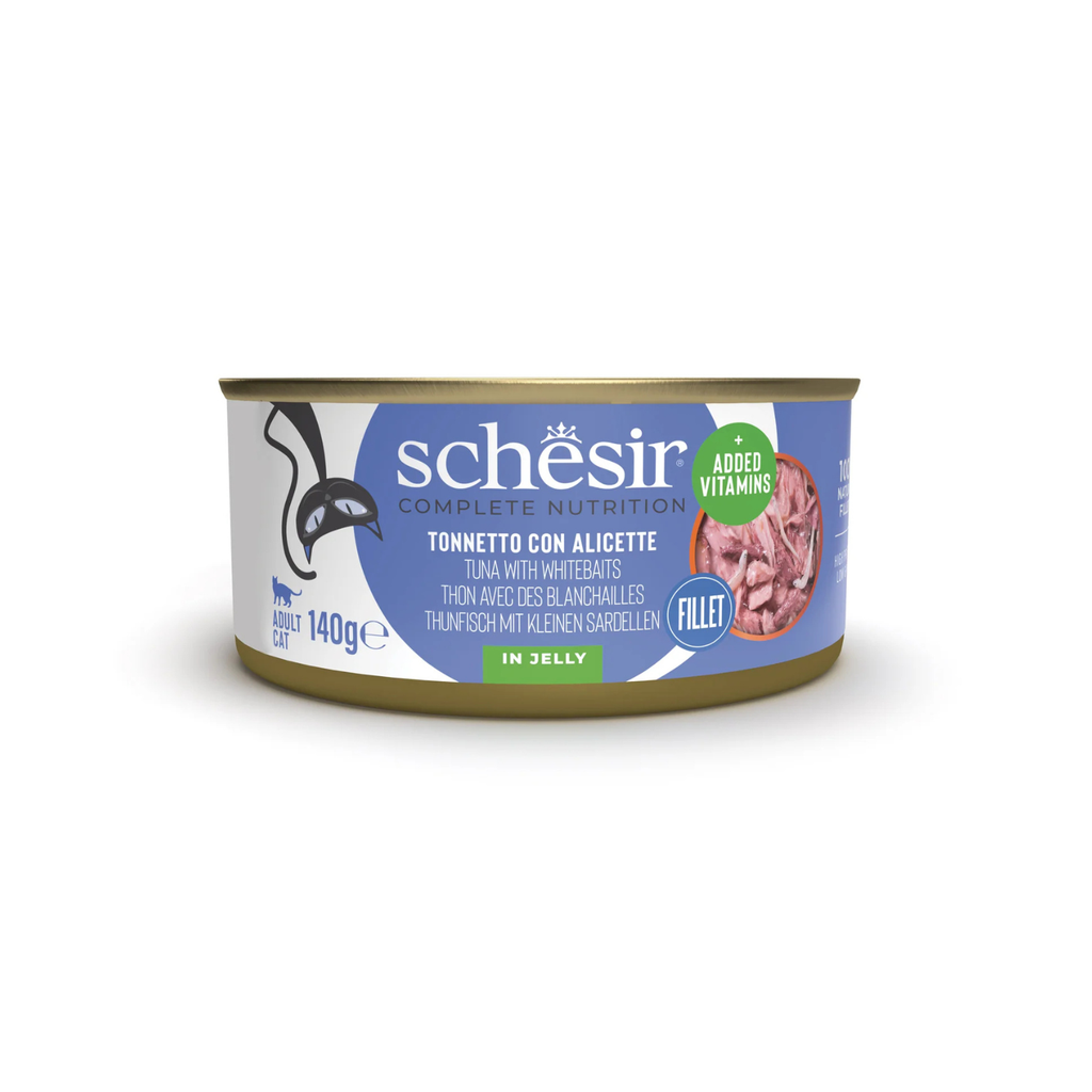 Schesir Complete & Balanced Nutrition Wet Cat Food in Jelly Can- Tuna With Whitebait 140g