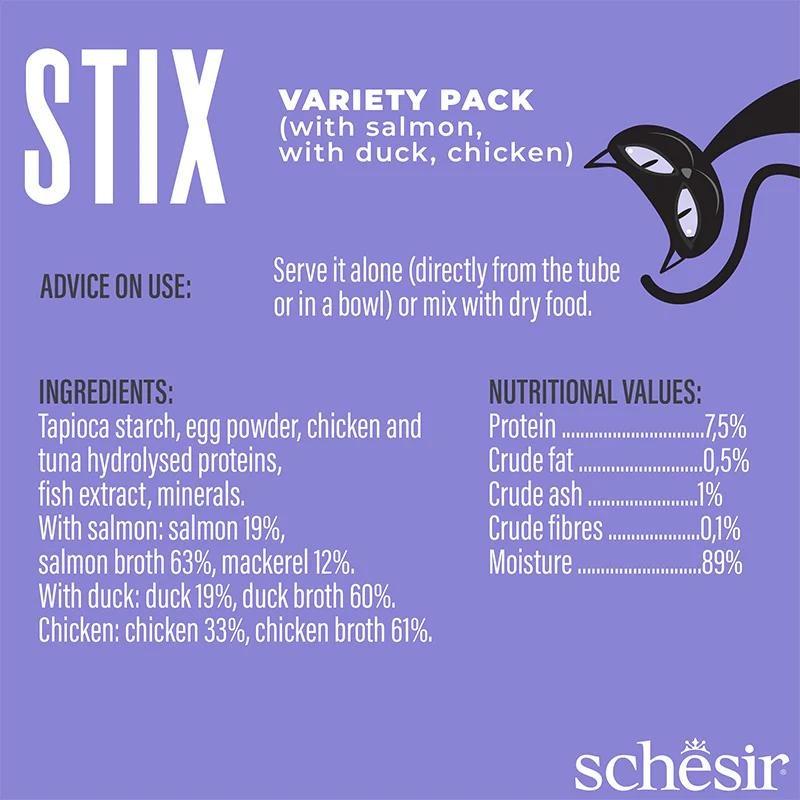 Schesir Stix Treat Variety Pack 6x15g - Mixed Flavors: Chicken,Duck & Salmon